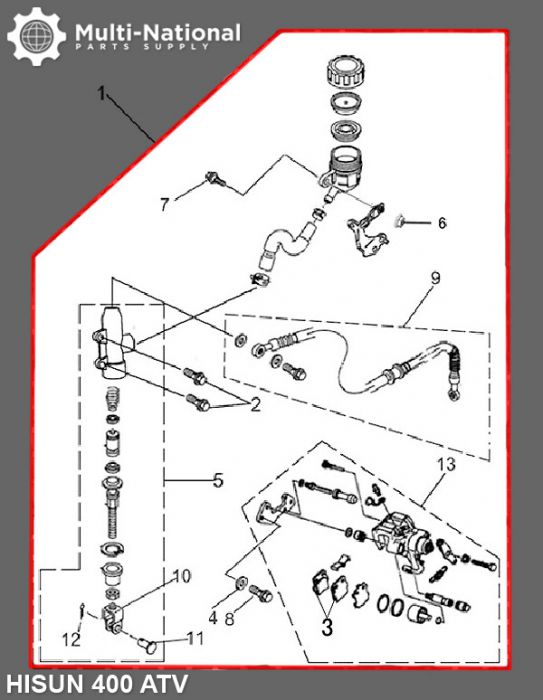 Foot/Rear Brake Lever and Caliper Assembly - ATV, Hisun, 400cc - 90A4242 - PBC775F1